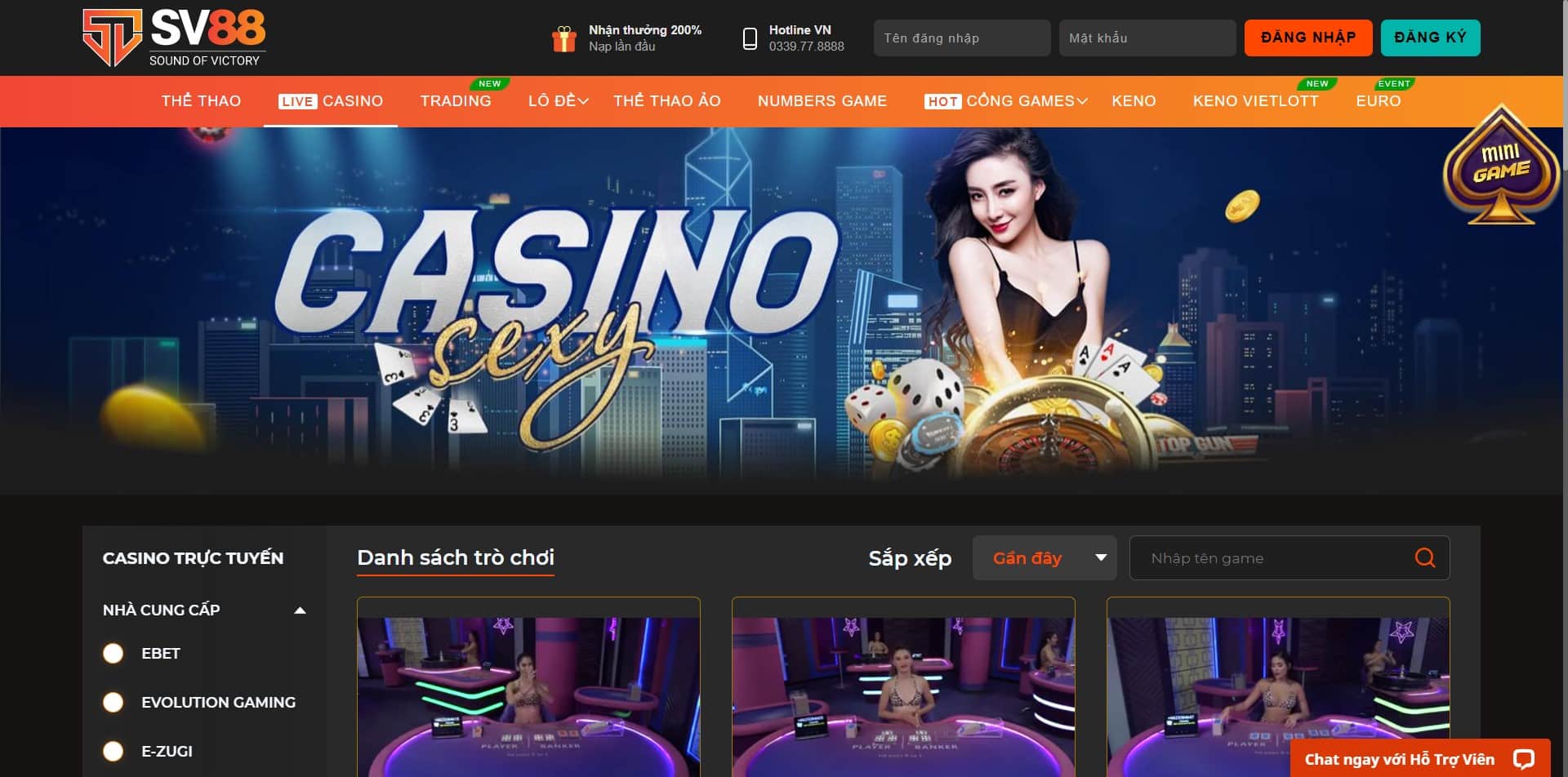 Sảnh casino live tại SV88